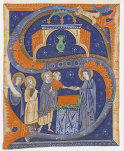 Manuskriptbelysning med præsentation af Kristus i templet i en indledende S..., ca. 1278. af Master of Bagnacavallo
