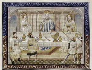 Cæsar Augustus, hans kone og søn ved bordet Fra: Jean Hayton, Blomst af historier fra Orientens land, ca. 1410 af Master of Berry Apocalypse