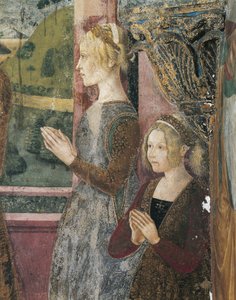 Italien, Piemonte-regionen, Alessandria-provinsen, Serralunga di Crea, Sacro Monte di Crea, Sanctuary of Santa Maria Assunta, St. Margaret-kapellet af Antiochia, Fresco forestillende Paleologo og Bernarda di Bosse