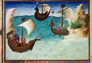 Navigatører i Det Indiske Ocean orienteret med stjerner og astrolabium. Miniature i "" The Book of the Wonders of the World"", Ms. 2810, folio 188v belyst af Mesteren af Egerton, skrevet John (Jehan) de Mandeville (1300? 1382). Omkring 1410-1412. BN, Paris