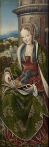 Barbe la grande martyre - Triptykon af den hellige familie med musikskabende engle. Højre panel: Saint Barbara par Master of Frankfurt (1460-ca. 1533), ca 1510-1520 - Olie på træ, 79x27 - Museo del Prado, Madrid af Master of Frankfurt