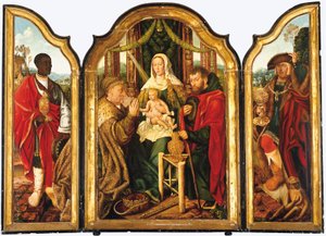 Den hellige familie med Melchior, der ofrer guld til Kristusbarnet af Master of Frankfurt