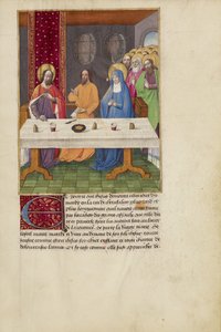 Judas sidder ved et bord mellem Kristus og Jomfru Maria