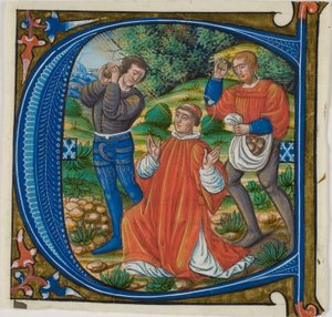 Steningen af Saint Stephen i en historisk initial "A" eller "C" fra en Gradual