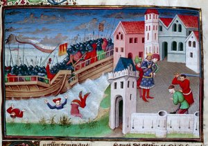 Kampscene og halshugning. Illustration af romanen "The Decameron"" af Giovanni Boccaccio (Jean Boccace af Master of Jean Mansel