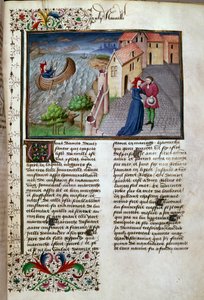 Afgangssiden taget fra et manuskript på fransk fra "Decameron"" af Giovanni Boccaccio dit Jean Boccaccio (1313-1375), italiensk forfatter, belyst af Mesteren af Mansel. 1450. Paris, Arsenals bibliotek af Master of Jean Mansel