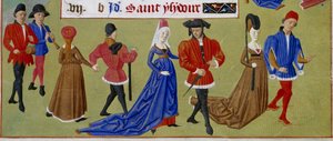 maj: hofmændene går. Detalje af en oplyst manuskriptside hentet fra "" Book of Hours of the Duchess of Burgundy, Adelaide of Savoy" af Mesteren af Adelaide af Savoyen (1400-tallet) og Mesteren af Jean Rolin (1400-tallet) af Master of Jean Rolin II