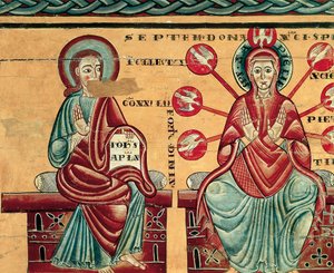 Maria modtager Helligåndens gaver, detalje (tempera på træ) af Master of Lluca