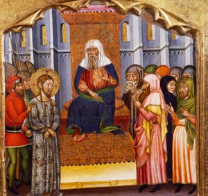 Retssagen mod Jesus, af Mesteren af Rubio (1300-tallet), predella af altertavlen fra Santa Maria-kirken, Rubio, maleri på træ.