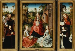 Madonna og barn med hellige og donorer (olie på panel) af Master of Saint Anna