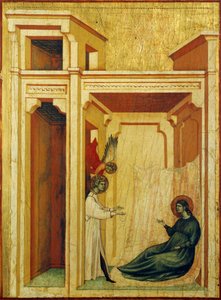 Englekronende baldrian med roser og liljer, detalje fra altertavle forestillende Legend of Saint Cecilia, ca. 1304, af Master of Saint Cecilia (aktiv tidligt i det 14. århundrede), tempera på panel og bladguld stemplet, 85x181 cm