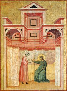Cecilia overtaler sin mand Baldrian til dåb, detalje fra altertavlen forestillende legenden om helgen Cecilia, ca. 1304, af Mester af Saint Cecilia (aktiv tidligt i det 14. århundrede), tempera på panel og bladguld stemplet, 85x181 cm