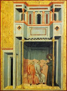 Sankt Cecilia og Baldrian, der konverterer Tiburcio, detalje fra altertavle, der forestiller Legend of Saint Cecilia, omkring 1304, af Mester af Sankt Cecilia (aktiv tidligt i det 14. århundrede), tempera på panel og bladguld stemplet, 85x181 cm