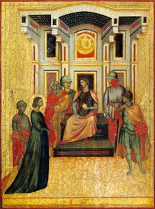 Sankt Cecilia, der kontrasterer trosspørgsmål med præfekt, detalje fra altertavle, der forestiller Legend of Saint Cecilia, omkring 1304, af Mester af Sankt Cecilia (aktiv tidligt i det 14. århundrede), tempera på panel og bladguld stemplet, 85x181 cm