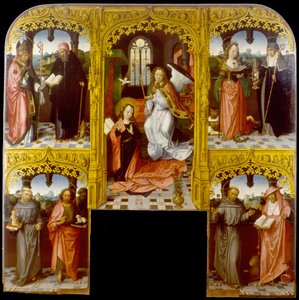 Bebudelsen med Saint Lazarus og Antony Abbot, Catherine af Alexandria og Chiara, Anthony af Padua og Johannes Døberen, Francis og Jerome af Master of Saint John the Evanglist