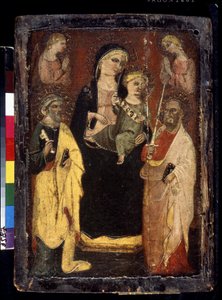 "Madonna og barn på tronen med de hellige Peter og Paul" (Madonna og barnet på tronen med de hellige Peter og Paulus) Maleri på træ af mesteren af ​​San Jacopo i Muciano (1400-tallet) Pushkin Museum, Moskva af Master of San Jacopo a Mucciana