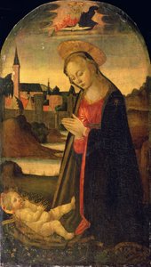The Madonna Adoring the Child, A Town on a River beyond, ca. 1478 (olie på panel) af Master of San Miniato