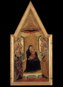 Jomfruen i majestæt mellem Saint Paul, Saint Peter og fire engle altertavle af mesteren af Santa Maria (14. århundrede). Dimension 0,28 x 0,58 m. Avignon, Musee du Petro Palais af Master of Santa Maria di Castello