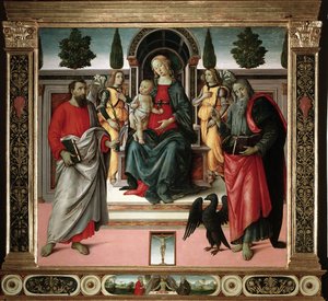 Jomfru med barn med Johannes og Skt. Bartholomew Maleri af mesteren af Santo Spirito (1400-tallet) Firenze, Santo Spiritos kirke, Italien af Master of Santo Spirito