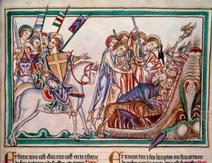 Herren og hans Armee (ost) udfælder Bete og hans tilbedere i helvede. Minatur fra manuskriptet “” Apocalypse historiee””, Folio 38. 1250. Illumination of the Master of Sarum. Paris, NL af Master of Sarum