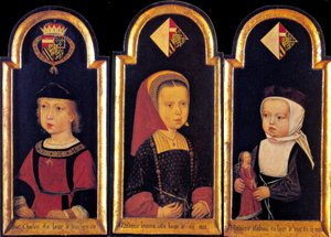 Ærkehertug Karl, den senere hellige romerske kejser Karl V., med sine søstre Eleanor og Isabella i en alder af 2 år, 1502 af Master of St.Georgsgilde