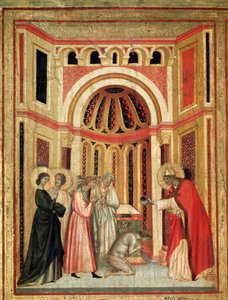 Sankt Cecilia og historien om hendes liv Detalje: Biskop Urban døber Tiburtius, bror til Valerianus - altertavle, ca. 1290-1320