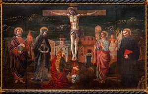 Den korsfæstede Kristus blandt Sankt Peter, Jomfruen, Maria Magdalena, apostlen Sankt Johannes og Sankt Benedikte af Master of St. Peter in Vicenza