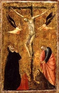 PD.8-1955 Korsfæstelsen med Jomfruen og SS. Johannes evangelisten, Frans af Assisi og Maria Magdalena, ca. 1345 (tempera på panel) af Master of Verrucchio