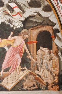 "Opstandelse" og "Descent into Limbo", Detalje af "Descent into Limbo": Jesus tager Adams hånd. Ved Kristi fødder, helvedes porte og Djævelens skikkelse på jorden, ca. 1420 (fresko)
