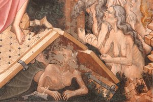 "Opstandelse" og "Descent into Limbo", Detalje af "Descent into Limbo": Helvedes porte og figuren af Djævelen på jorden, ca. 1420 (fresko) af Master of Vignola