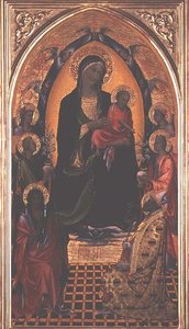 Madonna og barn med St. Johannes Døberen og St. Nicholas af Myra (tempera på panel) af Master of the Bambino Vispo