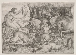 Allegorisk tema: Dyrenes kamp, ca. 1515-1520. af Master of the Beheading of St.