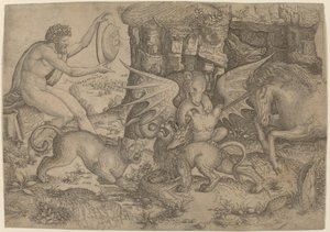 Allegorisk tema: Dyrenes kamp af Master of the Beheading of St. John