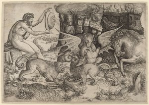 Allegorisk tema: Dyrenes kamp af Master of the Beheading of St. John