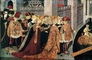 Decameron de Boccaccio (Jean Boccaccio): Chatelain Pericone byder velkommen til Alatiel, datter af sultanen af Babylon Beminedab og hendes suite på øen Mallorca (Pericone da Visalgo byder velkommen til Alatiel, datter af Beminedab, Sultanen af Babylon, på  af Master of the Cassoni