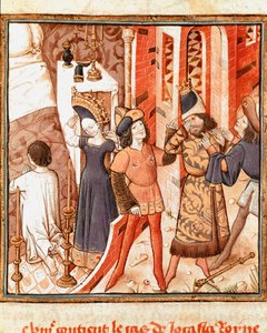 Legenden om Jocaste, Dronningen af Theben. Ødipus, blind, efter at have indset at dræbe sin egen far Miniature of the Master of the Champion of Ladies (1400-tallet) fra manuskriptet "" Des hommes illustres"" af Giovanni Boccaccio (Jean Boccaccio) (1313-137 af Master of the Champion des Dames