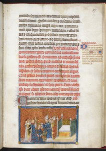 Bomuld Tiberius B.VIII f.59 Ærkebiskoppen af Reims sætter kronen på kongens hoved, fra 
