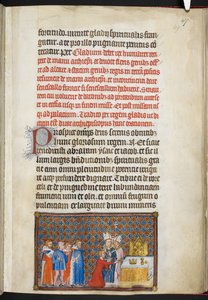Bomuld Tiberius B. VIII f.49r Kongen ofrer sværdet på alteret, illustration fra 