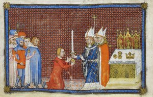 Bomuld Tiberius B. VIII f.49v Ærkebiskoppen af Reims returnerer sværdet til kongen, illustration fra 