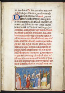 Cotton Tiberius B. VIII f.51r, Ærkebiskoppen af Reims løsner kongens tunika, fra 