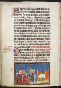 Bomuld Tiberius B. VIII f.69v Ærkebiskoppen af Reims sætter kronen på dronningens hoved og baronerne opretholder hendes krone, illustration fra 