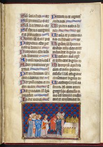 Cotton Tiberius B. VIII f.73r, Ærkebiskoppen af Reims velsigner Oriflamme, illustration fra 