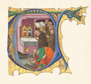 Indledende T med en gruppe benediktinermunke, der synger foran et alter, hvorfra der kommer vand