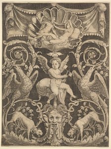 Et panel af ornament med en putto i midten med en vindmølle, 1532. af Master of the Die