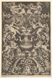 Et panel af ornament med putti, ged og andre figurer, 1530-60. af Master of the Die