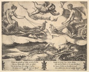 Allegori om ægteskab og kærlighed, Juno i en vogn trukket af påfugle til venstre, Venus i en ..., 1530-60.
