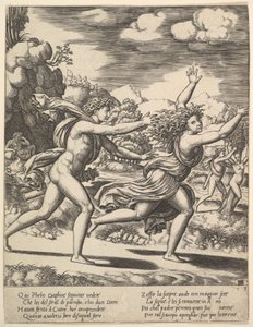 Apollo jagter Daphne, der slår armene op, i baggrunden til højre viser mor..., 1530-60.