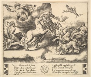 Apollo i sin hestetrukne vogn til venstre, over ham over Jupiter kaster en torden..., 1530-60.