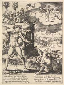 Apollo står til venstre og skyder en python med en pil, over til venstre er musen..., 1530-60.