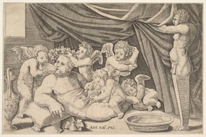 Bacchus omgivet af Putti, en statue af Priapus til højre, 1530-60.